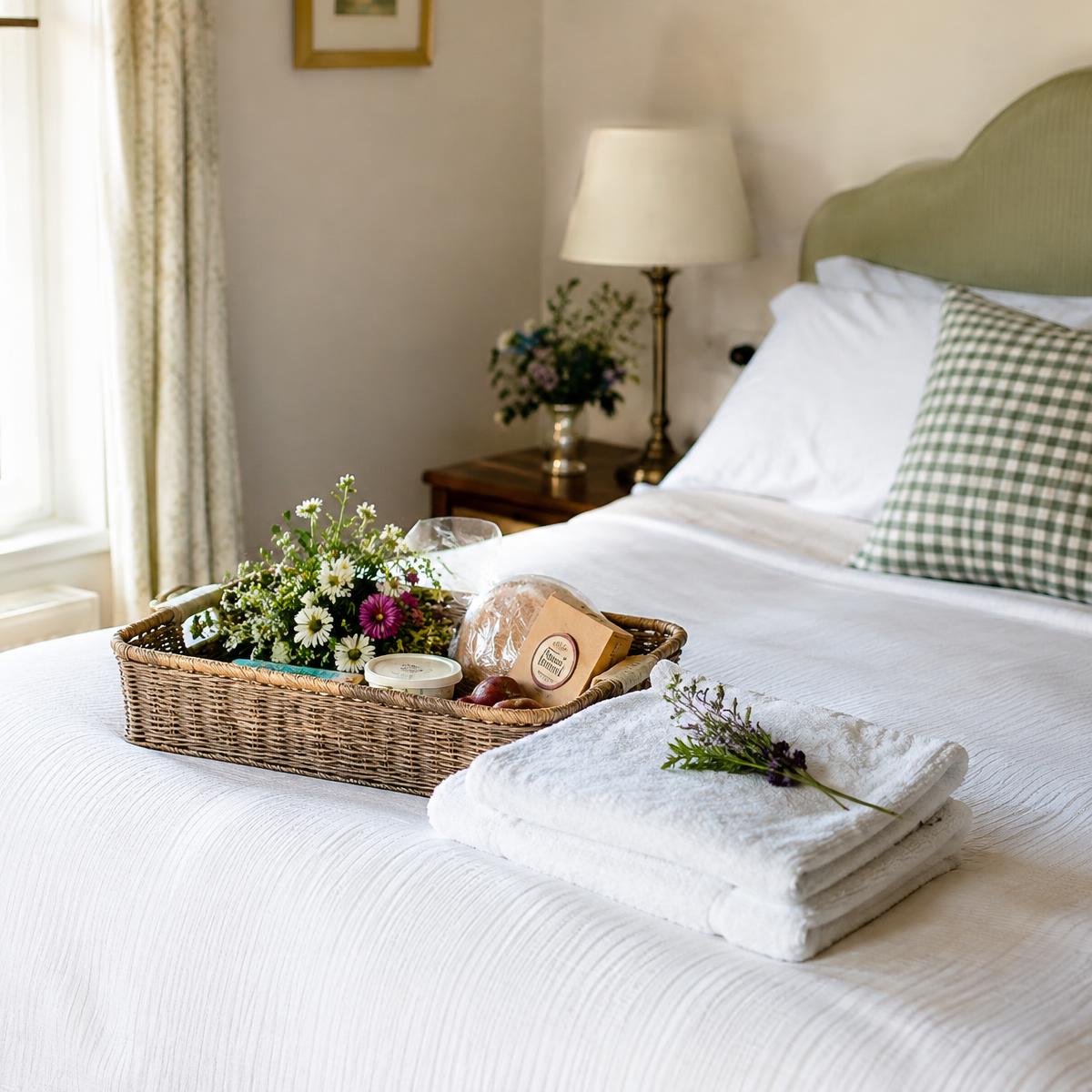 Made bed with towels and a welcome basket